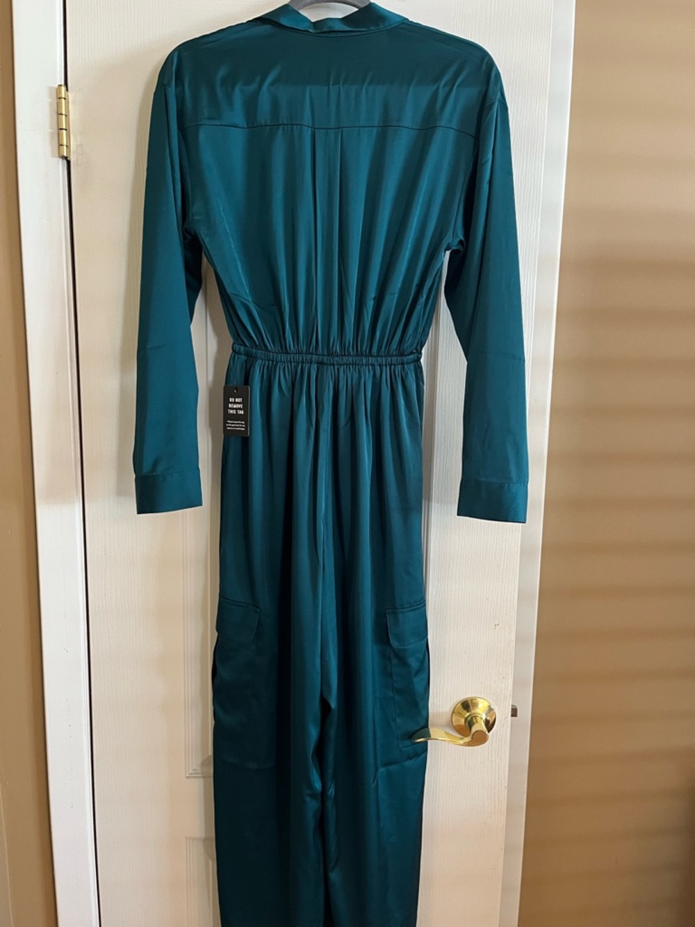 Express Teal Long-Sleeve Shirtwaist Jumpsuit with Drawstring Waist - Picture 2 of 4